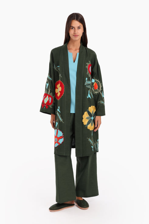 Fully embroidered short coat in cotton slub with pockets